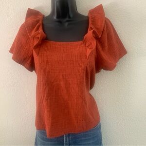 Madewell Crosshatch Rusty Torch Ruffle Top Size SMALL On or Off Shoulders EUC